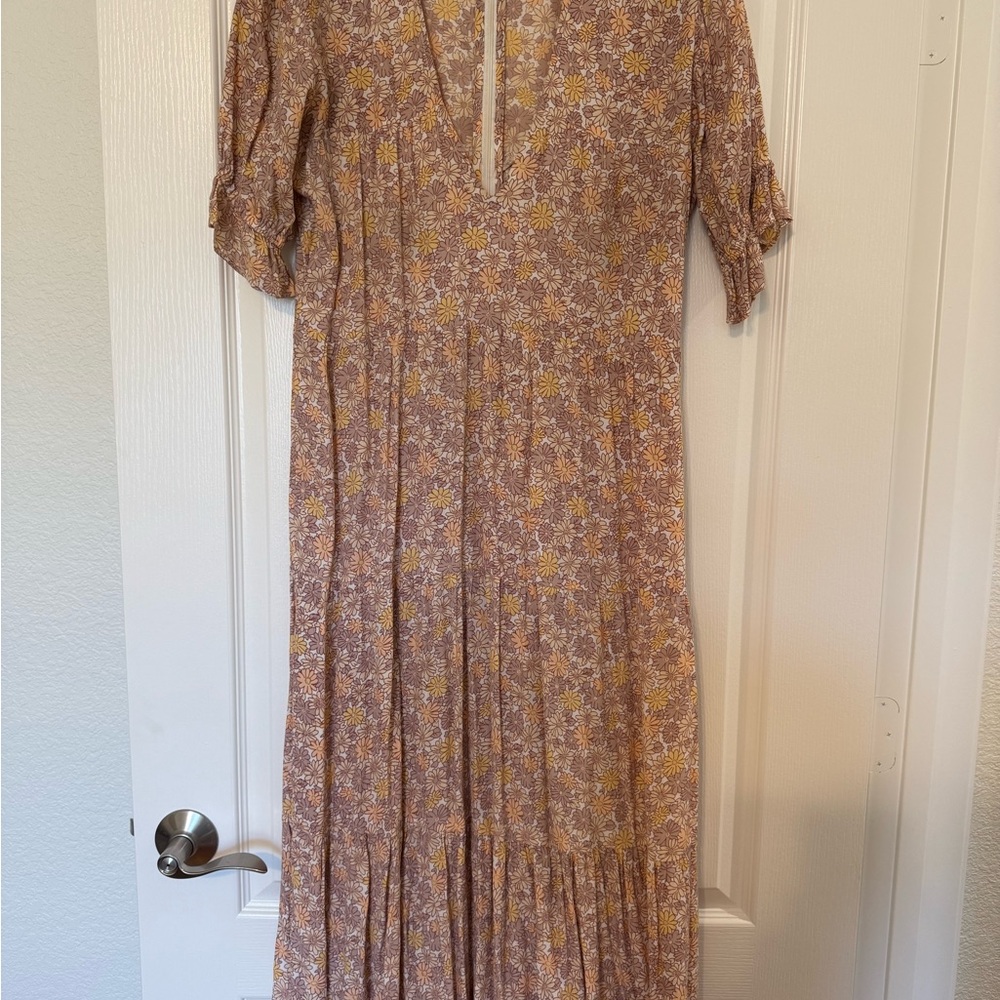 Faithfull the Brand Pink and Tan Pleated Tiered Sundress